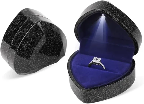 Vista 10 de iSuperb Caja de anillo en forma de corazón, caja de anillo de compromiso con luz LED, caja de regalo para propuesta, boda, día de San Valentín Negro
