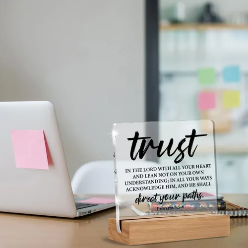 Vista 3 de Regalos de versículo bíblico cristiano para mujeres y hombres, letrero acrílico con frase de Proverbios Trust in The Lord Scripture con soporte