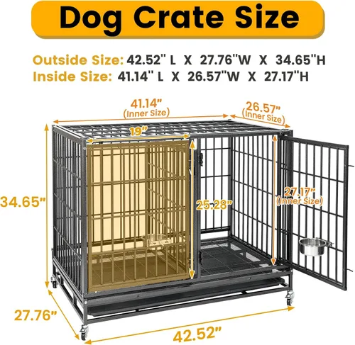 Vista 2 de Jaula resistente de 43 pulgadas para perros con divisor, jaula indestructible a prueba de escapes, jaula grande para perros en interiores, cuencos