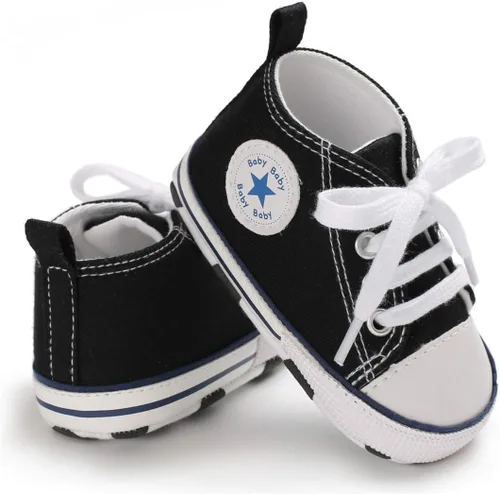 Vista 4 de KIDSUN - Zapatos deportivos unisex de caña alta para bebés mezclilla de lona suela antideslizante suaves para los primeros pasos A01-negro 3-6