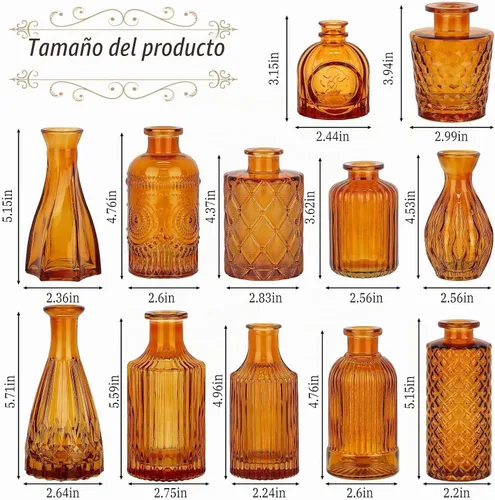 Vista 3 de Juego de 12 jarrones de cristal marrón, mini jarrón para centros de mesa, pequeños jarrones ámbar a granel para decoraciones de boda, jarrón vintage