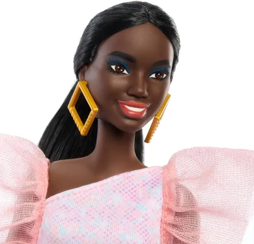 Vista 3 de Muñeca Barbie Fashionistas #216 con cuerpo alto y cabello negro en moño bajo en vestido de fiesta rosa y melocotón, juguete coleccionable del 65