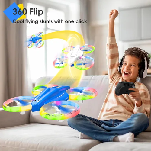 Vista 3 de Dron para niños y principiantes con luz LED, pequeño dron de interior con luces RC, voltereta de 360, 2 baterías, juguete volador para niños, regalo