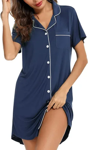 Vista 34 de Samring Camisón de pijama para mujer, manga corta/larga, con botones, camisón para dormir, camisón para novio, talla XXL