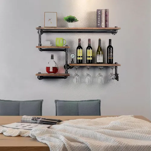 Vista 6 de Estante de vino montado en la pared, estantes industriales para vino, montado en la pared con soporte para vidrio de 4 vástagos, soporte