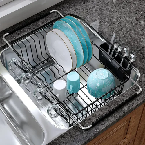 Vista 17 de Estante de secado de platos sobre el fregadero, expandible, pequeño, negro, escurridor para secar para la encimera de la cocina, metal de acero