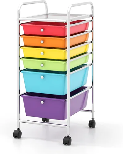 Vista 31 de COSTWAY Carrito de almacenamiento rodante con 4 cajones, carrito de almacenamiento de plástico y organizador con 4 cajones extraíbles, carrito