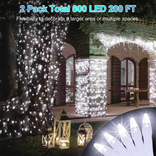 Vista 2 de Paquete de 2 Total 200 Pies 600 Luces LED de Navidad en Cadena, Luces de Árbol de Hadas Blanco Frío Conectables, 8 Modos y Temporizador Luces
