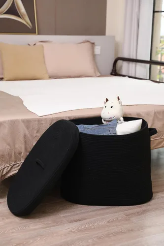Vista 2 de Cesta rectangular extragrande de cuerda de 22 x 14 x 18 pulgadas con tapa, cesta decorativa de almacenamiento de mantas, baúl de algodón con funda