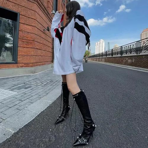 Vista 7 de Dsevht Botas altas hasta la rodilla negras de aguja para mujer, botas de tacón alto de moda con cremallera