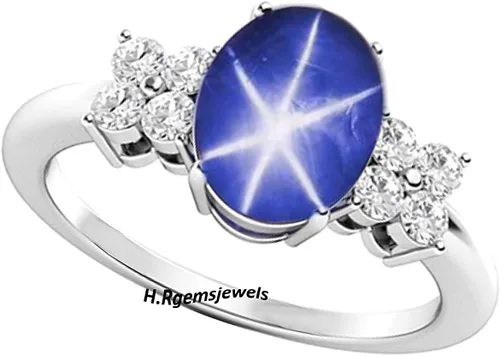 Vista 4 de Anillo ovalado de zafiro estrella, anillo de estrella Lindy azul, 6Rays, creado en laboratorio, anillo de aniversario de estrella azul, anillo