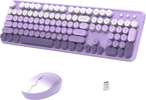 Vista 11 de Links9+ Combo de teclado y mouse inalámbricos, teclado retro de tamaño completo con teclas redondas, 2.4GHz para Windows, Mac, laptop, PC, azul