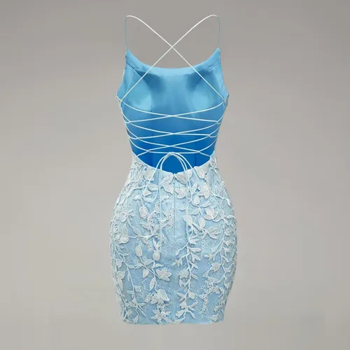 Vista 2 de Vestido corto de encaje para adolescentes, vestidos ajustados de regreso a casa, tirantes delgados, vestidos de fiesta de cóctel