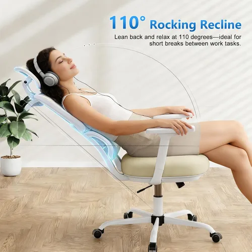 Vista 6 de Silla de oficina con respaldo alto, silla de escritorio de malla, silla ergonómica para computadora con reposacabezas, reposabrazos ajustables 3D