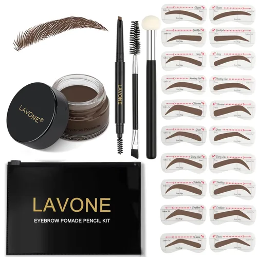 Vista 22 de LAVONE Kit de plantillas para cejas, trío de sellos para cejas con lápiz impermeable, pomada, 20 plantillas, cepillo de doble punta y aplicador