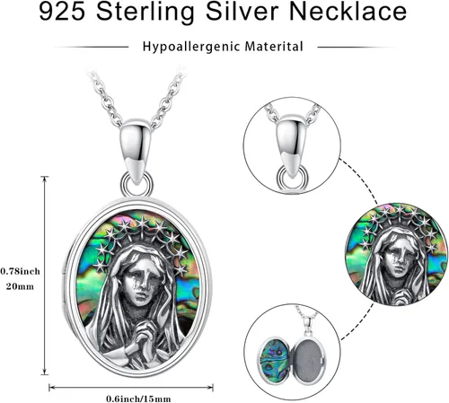 Vista 3 de Collar de medallón de plata de ley 925 con medallón milagroso que sostiene imágenes, joyería religiosa católica, regalos para mujeres y niñas, Plata