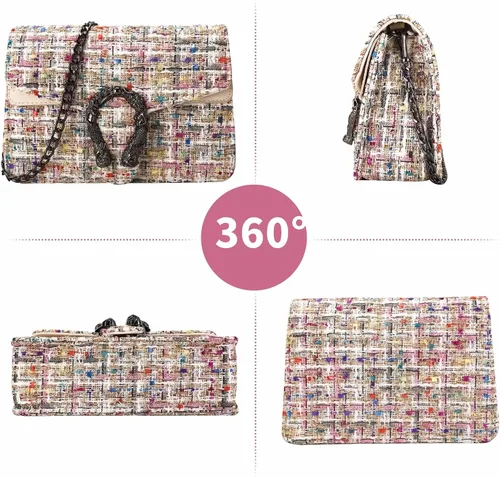 Vista 3 de Bolsos y bolso de mano de tweed para mujer, de piel sintética, con cadena de lana, bolso de hombro, bolso cruzado para las axilas, bolso de mano