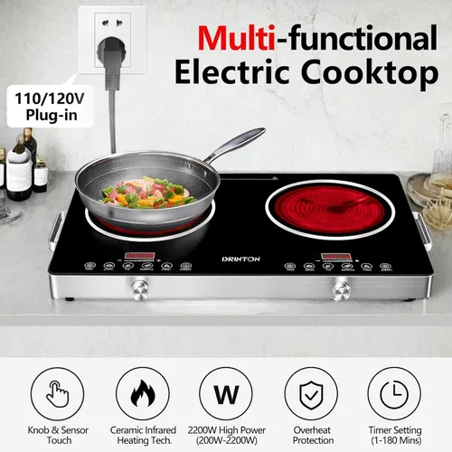 Vista 2 de Placa eléctrica de 2 quemadores, 2200 W+2200 W 110 V con temporizador de 3 horas, temperatura ajustable para cocina de encimera, estufa portátil