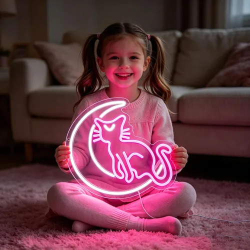 Vista 2 de SmilingTown Letreros de neón rosa y blanco para decoración de pared, funciona con USB, luces decorativas de neón de luna y gato para el hogar