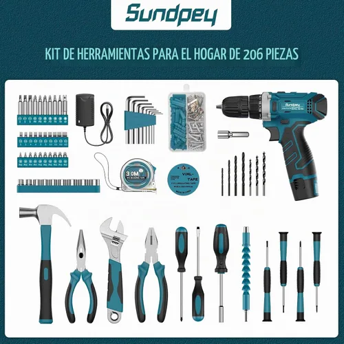 Vista 2 de Kit de herramientas Sundpey 206 piezas con taladro - Juego de taladro inalámbrico de 12V Combo de herramientas para el hogar - Caja de herramientas