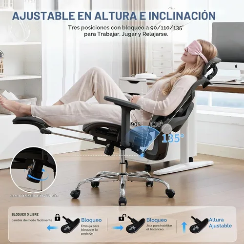 Vista 7 de Ergonomic Mesh Office Chair with 2-Zone Lumbar Support and Footrest,Black Negro