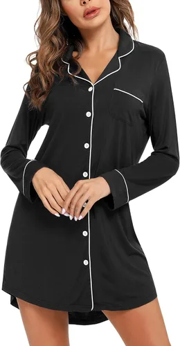 Vista 110 de Samring Camisón de pijama para mujer, manga corta/larga, con botones, camisón para dormir, camisón para novio, talla XXL