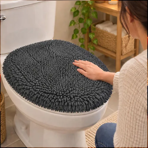 Vista 17 de Mayshine - Cubierta de microfibra tipo shaggy para la tapa del asiento del baño, estándar para baño Beige