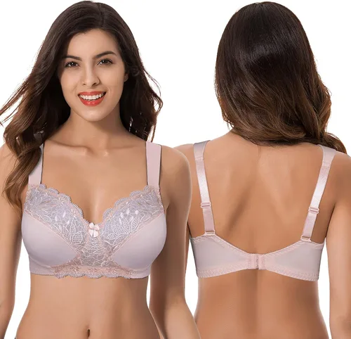 Vista 5 de Curve Muse Plus Size Unlined Minimizer Wirefree Bras with Embroidery Lace-3Pack