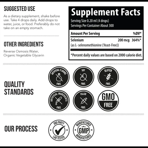 Vista 6 de Selenio – 200 mcg, forma de selenometionina, 300 porciones – vegano, botella de vidrio, sin levadura – Concentrado líquido sublingual, antioxidante