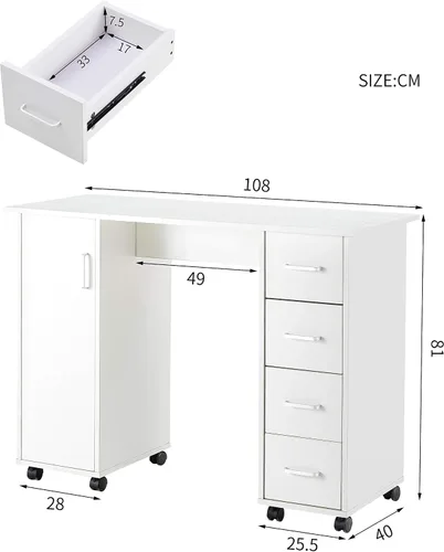 Vista 2 de Escritorio de manicura de uñas para técnico, estación de mesa de uñas de spa de salón de madera con gabinete, cajones, ruedas controlables (blanco)