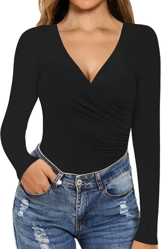 Vista 2 de MANGOPOP Women's Cross Wrap Ruched Plunge Neck Deep V Long Sleeve Short Sleeve Bodysuits