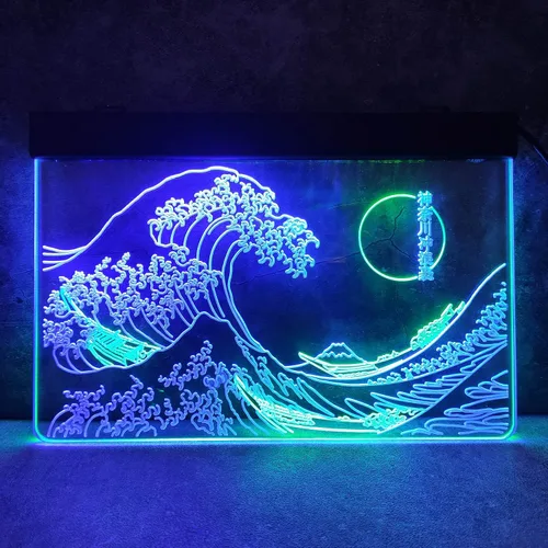 Vista 3 de Letrero de neón LED The Great Wave Off Kanagawa, letrero japonés de Katsushika Hokusai clásico, arte de pared para habitación, letreros de luz