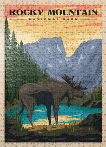 Vista 8 de MyPuzzle Rocky Mountain National Park - Alce en el amanecer rocoso, póster de viaje vintage, rompecabezas de 100 piezas para adultos
