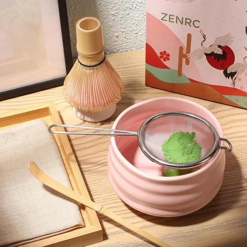 Vista 4 de zenrc Kit de Ceremony Matcha – Batidor tradicional de bambú (Chasen) Scoop (Chashaku) Chawan Bowl con boquilla de vertido, soporte para batidor