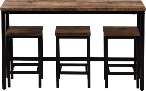 Vista 5 de RUNNA Juego de mesa de comedor extra larga de 4 piezas, mesa auxiliar de cocina de bar con 3 taburetes de bar (marrón)