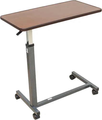Vista 9 de Essential Medical Supply Mesa automática de altura ajustable para colocar sobre la cama, parte superior de madera con ruedas de bloqueo, perfecta
