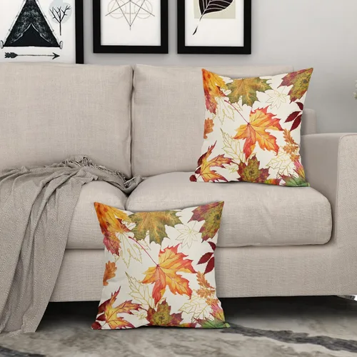 Vista 8 de Juego de 2 fundas de almohada de hojas de otoño, 18 x 18 pulgadas, juego de 2 fundas de almohada de lino y algodón cuadrado naranja claro