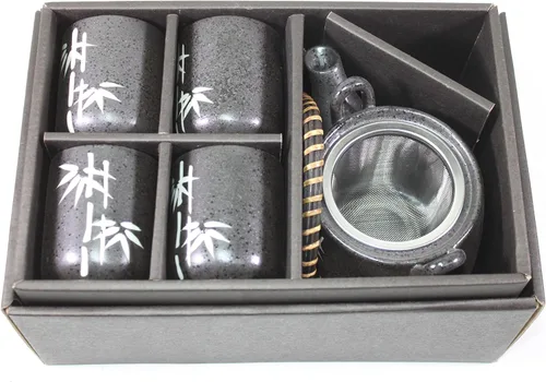 Vista 4 de Infusor de té y tetsubin de cerámica japonesa de bambú negro de 6 "con mango de ratán juego de té