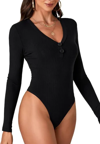 Vista 4 de LYANER Leotardo elástico de punto acanalado con botones y cuello en V profundo para mujer