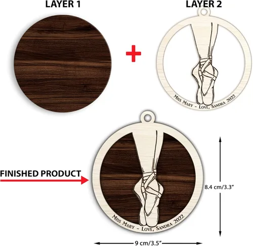 Vista 7 de Adorno personalizado de zapatillas de punta de ballet – Adorno de nombre de bailarín personalizado, adorno de madera cortado en capas de ballet