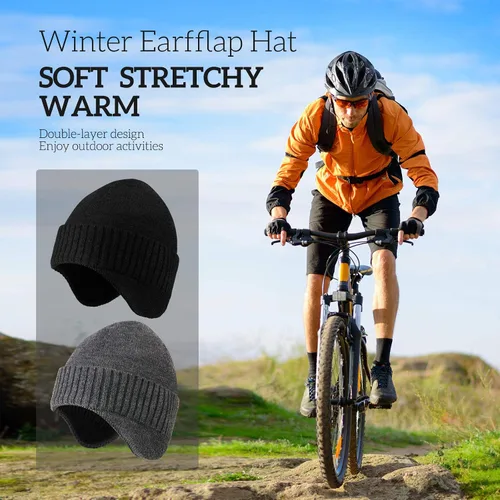 Vista 5 de Syhood Men Winter Earflap Hat Ski Skull Cap Knitted Beanie Stocking Hat with Ear Warmer