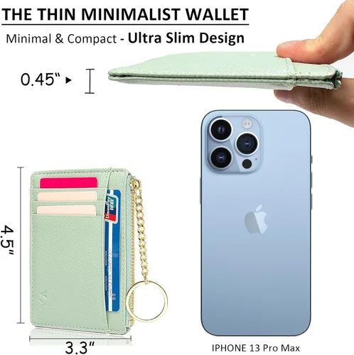 Vista 67 de Tarjetero delgado con bloqueo RFID, billetera de bolsillo pequeño, con cremallera Keychian para monedero, monedero y tarjetero para mujeres y hombres