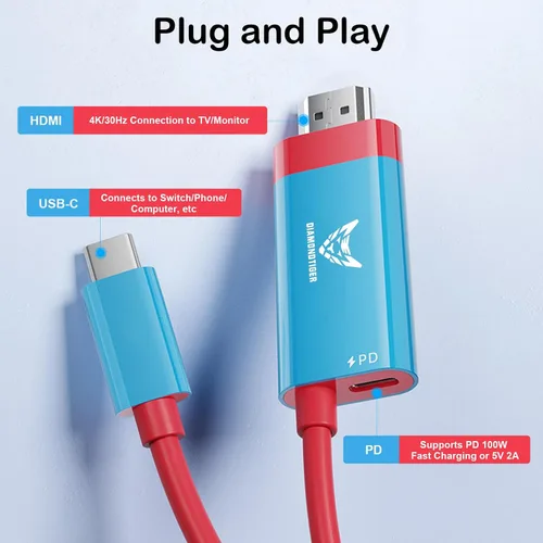 Vista 5 de USB C to HDMI Cable for Nintendo Switch/Switch OLED, 2M/6.6FT Adapter with 4K Output,100W PD Charging Port,Replaces The Original Dock for Easy Travel