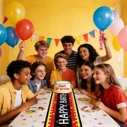 Vista 6 de Camino de mesa de feliz cumpleaños, negro, rojo, amarillo, ratón, tela de poliéster, decoración de mesa de comedor para decoración de fiesta