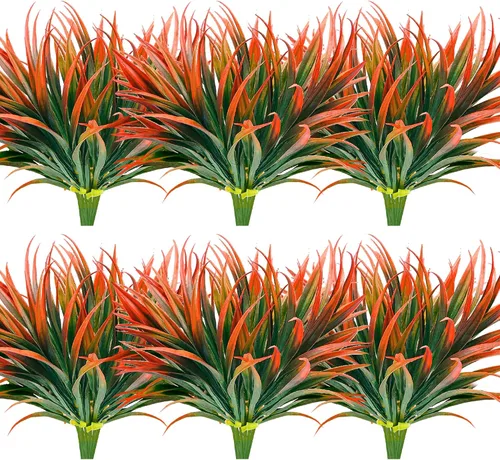 Vista 21 de 8 piezas de plantas falsas para exteriores, resistentes a los rayos UV, plantas de césped alto artificiales, flores tropicales, arbustos, decoración