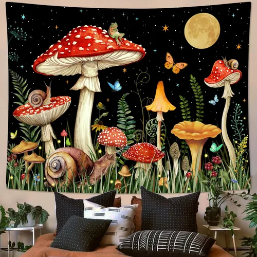 Vista 37 de Zussun Tapiz de hongo rojo, tapices de luna y estrella para dormitorio, estética de color beige, noche estrellada, planta verde, tapiz de pared