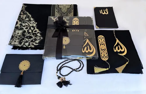 Vista 4 de SAIKA Alfombra de oración musulmana, juego de regalo 7 en uno, tapete de oración, libro de sura, tasbeeh, bufanda, estuche de sura, marcador