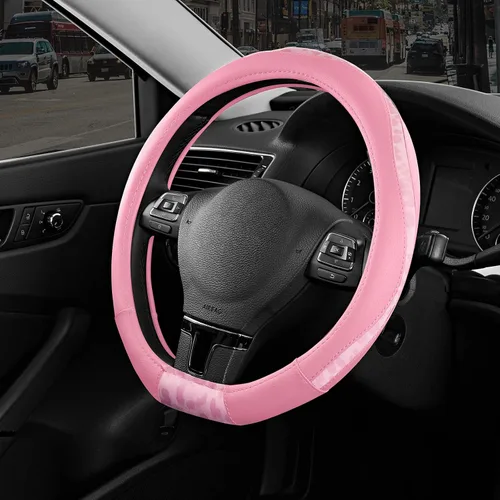 Vista 5 de Road Comforts Funda para volante, cubierta de volante de parte inferior plana hecha con piel de PVC y tela de leopardo, ajuste universal