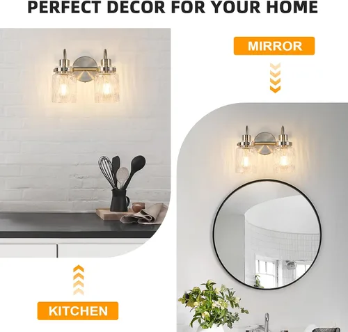 Vista 7 de 2 luces de tocador de baño, lámparas de baño de níquel cepillado con pantalla de vidrio martillado para tocador, sobre espejo, pasillo