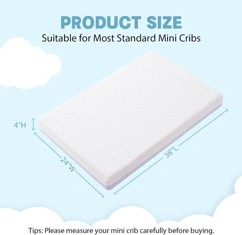 Vista 2 de Colchón mini para cuna, colchón de espuma viscoelástica de doble cara de 38 x 24 x 4 pulgadas, con funda extraíble transpirable, se adapta a